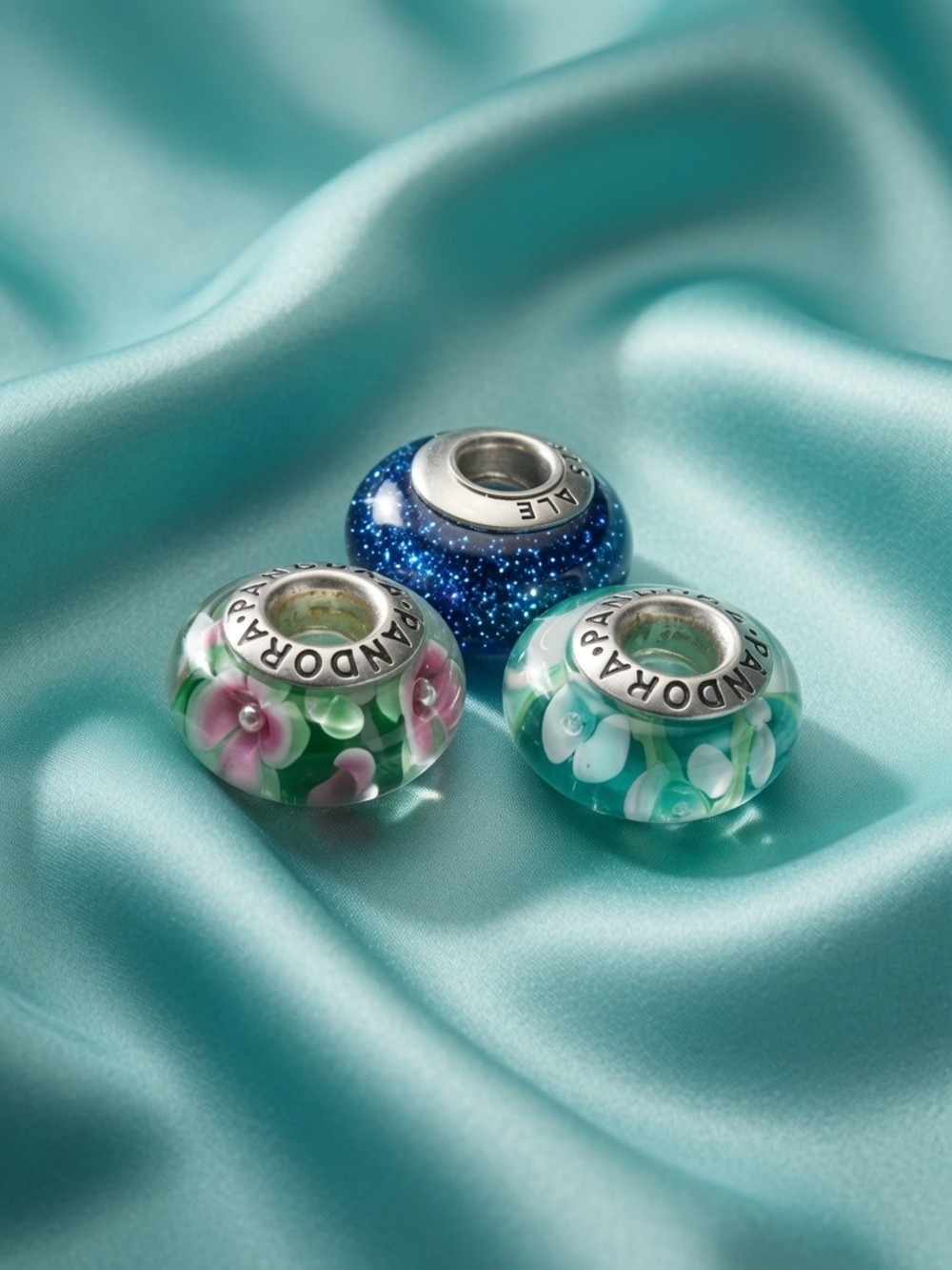 Pandora Green Floral and Blue Sparkle Glass Charm Set  Thailand.